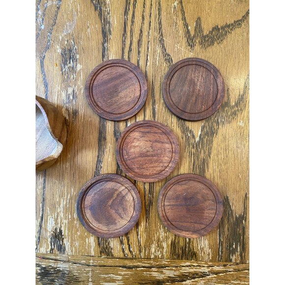 Handcrafted Wooden Coaster Set With Holder - 5 Round Coasters - Picture 4 of 7